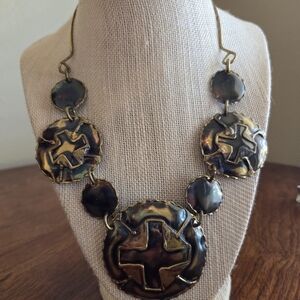 Vintage 1970s Brutalist Artisian Bib Choker Modernist Metal Disc Cross Necklace
